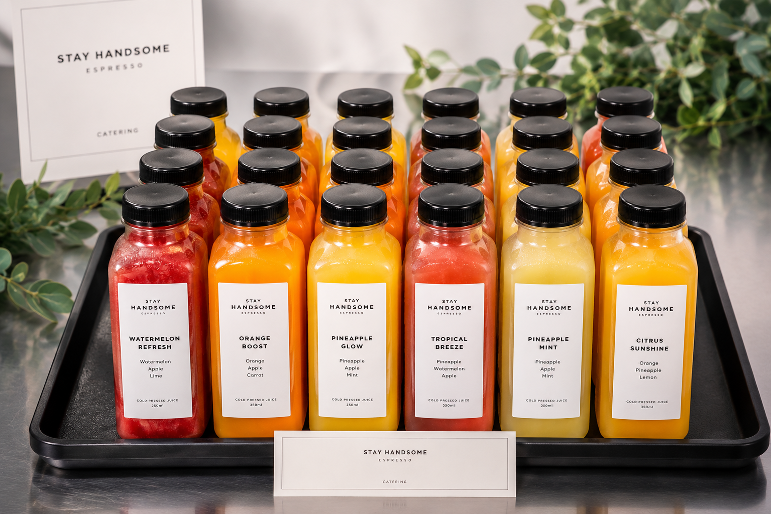 Bottled cold-pressed juices for office catering