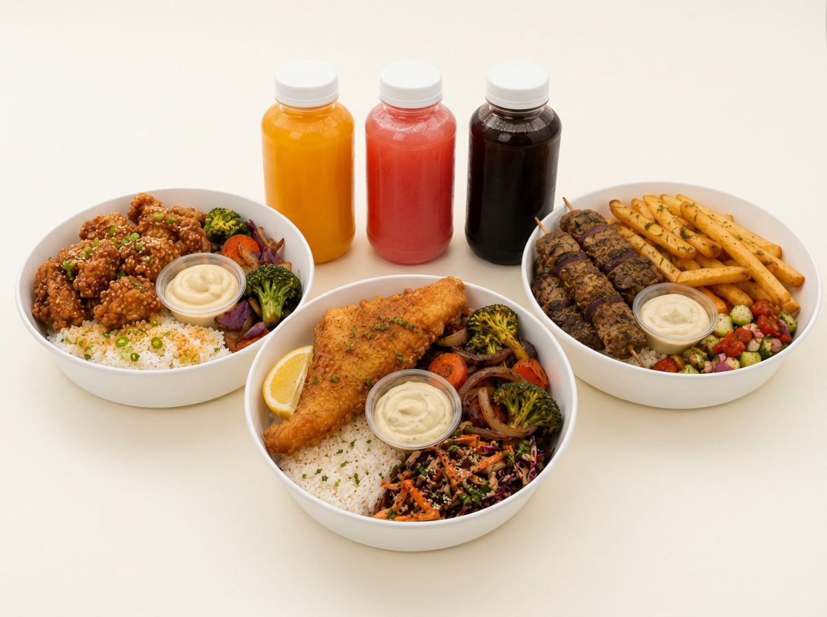 Fresh handsome bowls and cold-pressed juices ready for office delivery